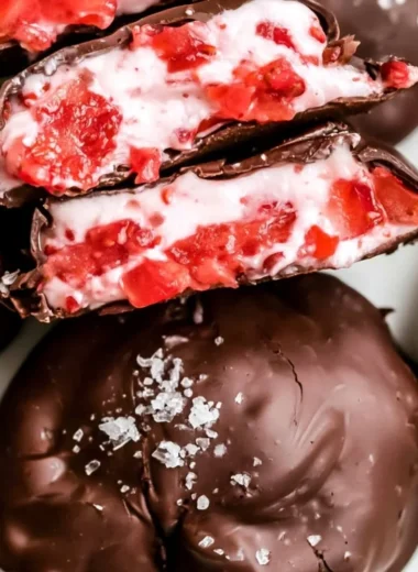 Chocolate Strawberry Frozen Yogurt Bites served in a white bowl