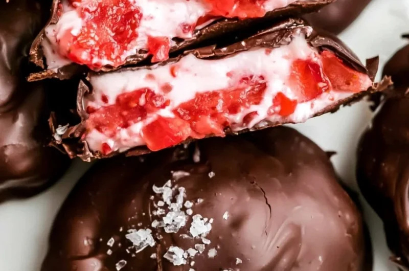 Chocolate Strawberry Frozen Yogurt Bites served in a white bowl