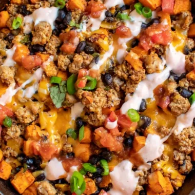 Cozy ground turkey and sweet potato taco skillet in a skillet pan.