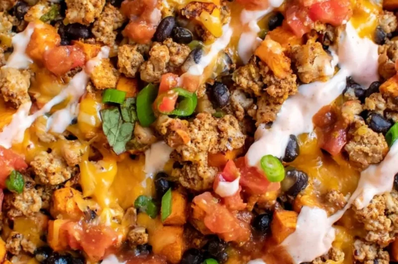Cozy ground turkey and sweet potato taco skillet in a skillet pan.