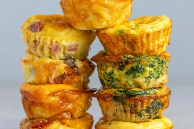 Cozy healthy breakfast egg muffins baked in a muffin tin with vegetables and cheese.