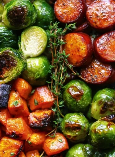 Delicious sausage and veggies skillet with butternut squash and Brussels sprouts