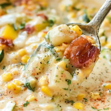Bowl of cozy summer corn and zucchini chowder garnished with herbs