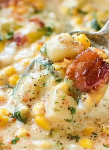 Bowl of cozy summer corn and zucchini chowder garnished with herbs