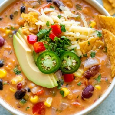Bowl of Decadent Lentil Tortilla Soup garnished with fresh herbs and tortilla strips