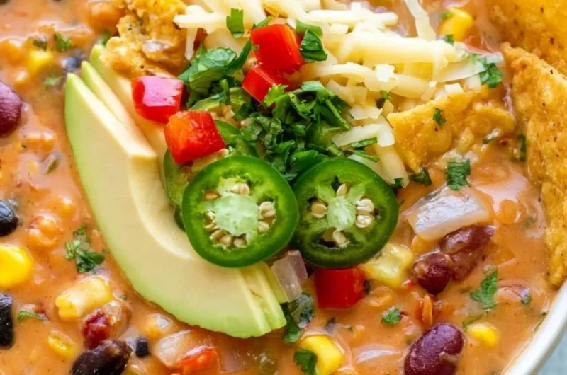 Bowl of Decadent Lentil Tortilla Soup garnished with fresh herbs and tortilla strips
