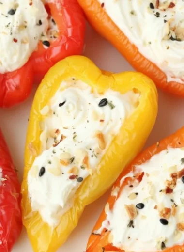 Everything bagel cream cheese stuffed peppers on a serving plate
