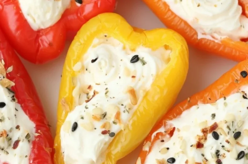 Everything bagel cream cheese stuffed peppers on a serving plate